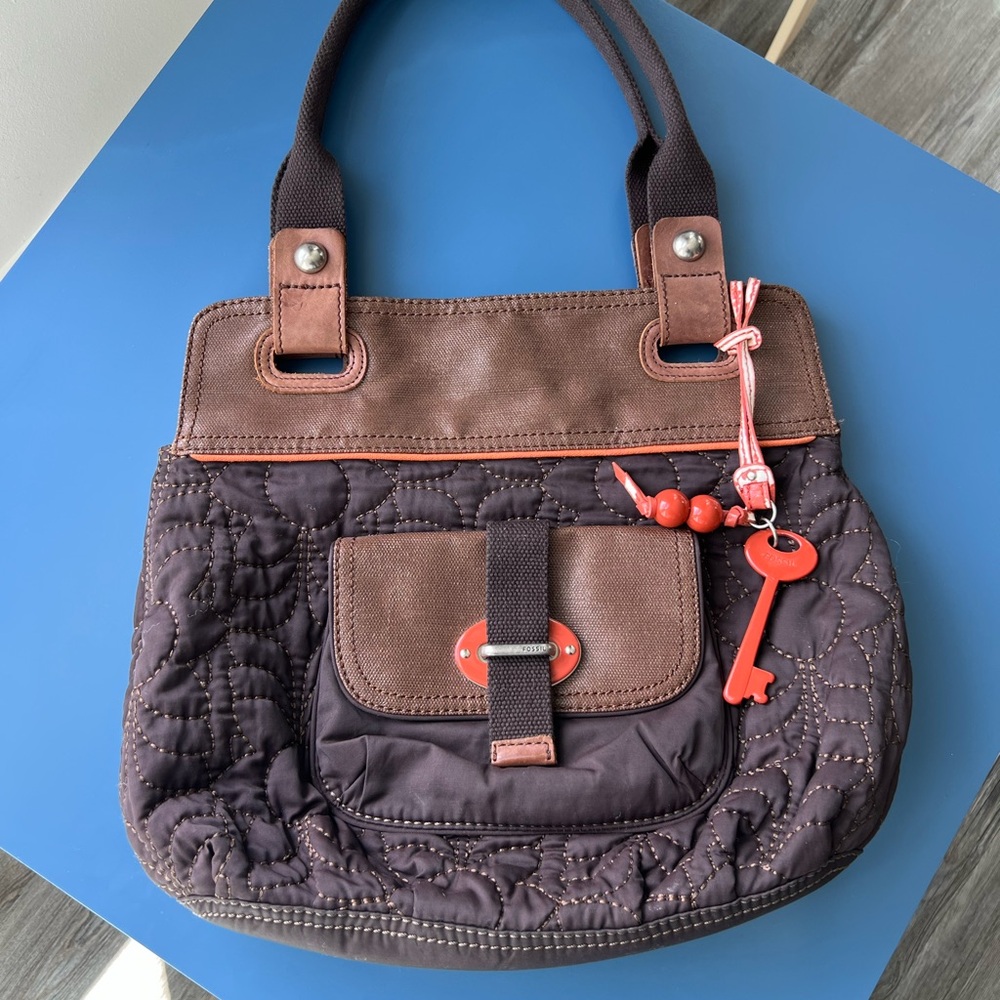 Fossil Brown and Red Quilted Shoulder Bag